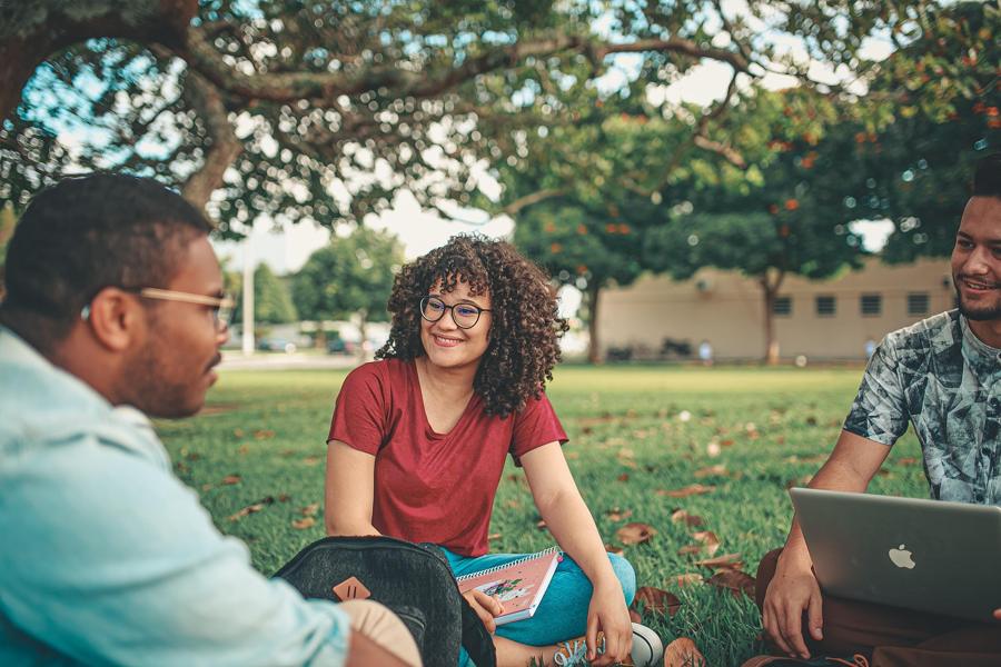 Students talking on a campus lawn
